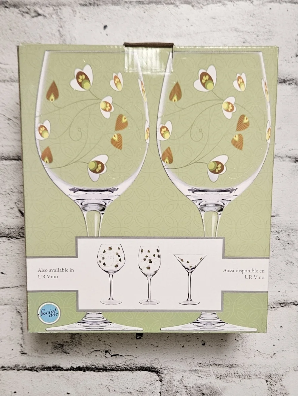 Set of 2 Floral Wine Glasses Green Stemware Social Ave NIB